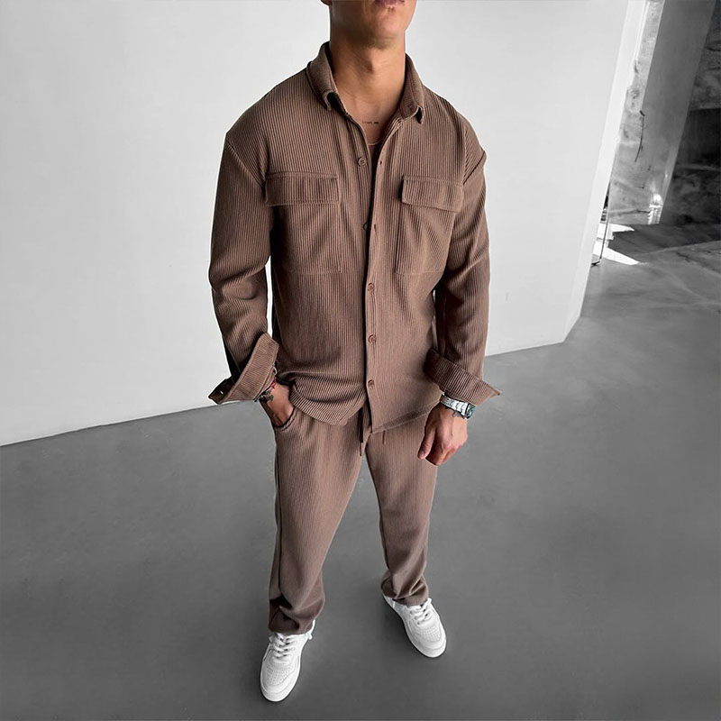 Classic Solid Color Striped Pocket Shirt Set