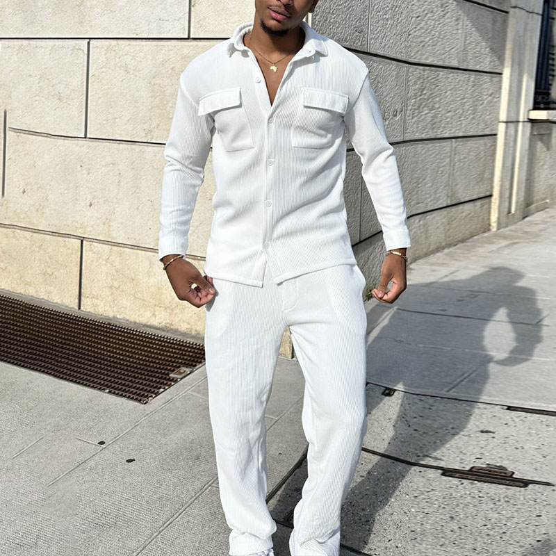 Classic Solid Color Striped Pocket Shirt Set