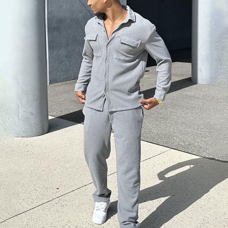 Classic Solid Color Striped Pocket Shirt Set