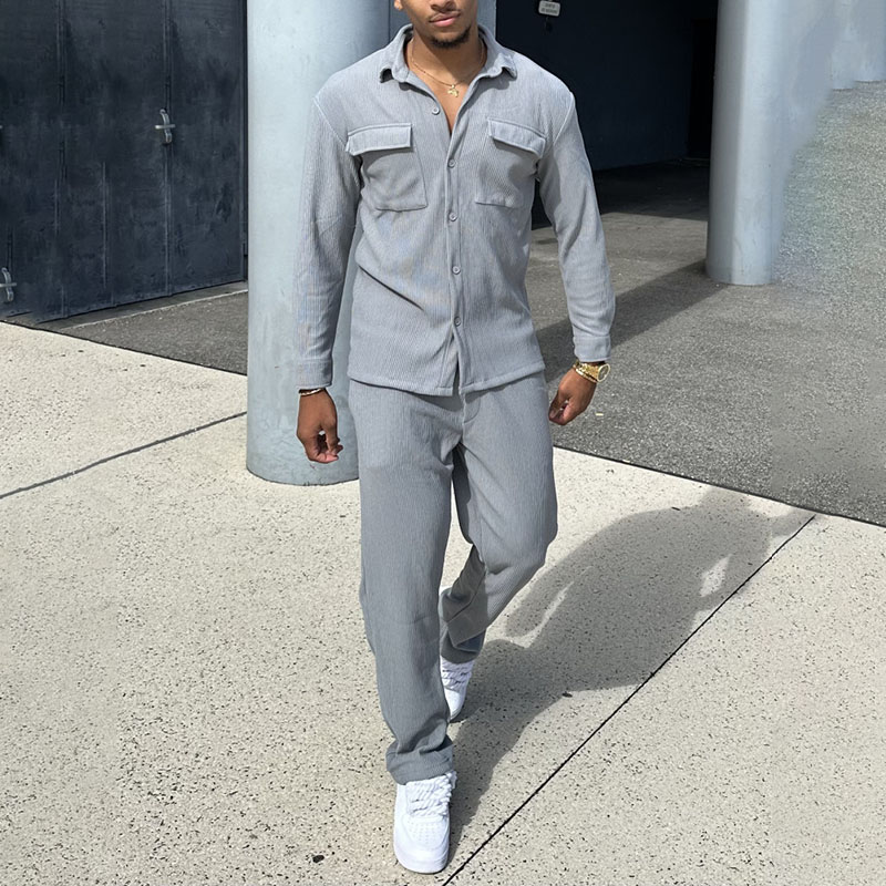 Classic Solid Color Striped Pocket Shirt Set