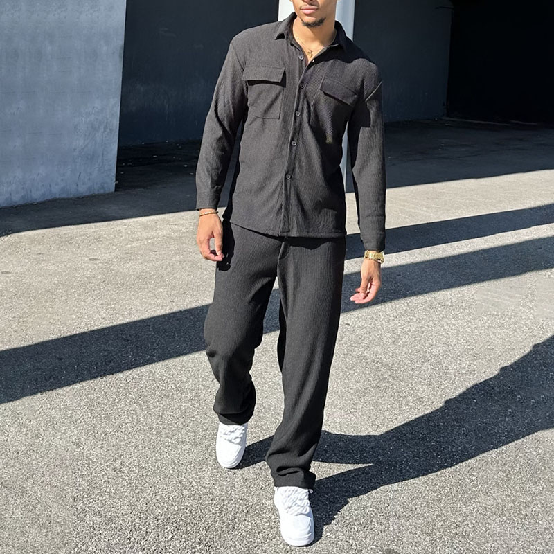 Classic Solid Color Striped Pocket Shirt Set