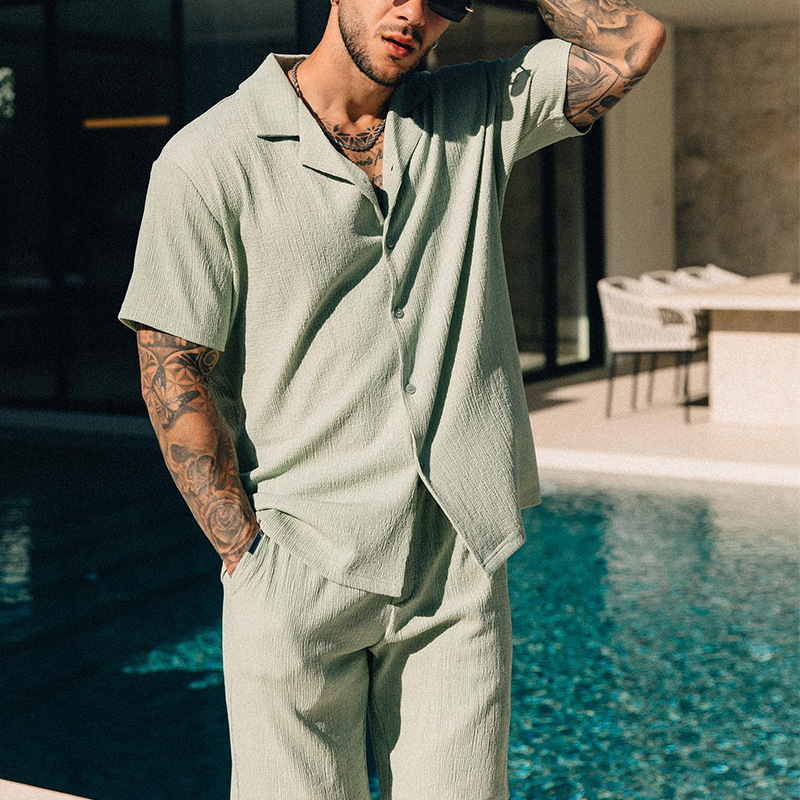 Classic Solid Color Vacation Shirt Set