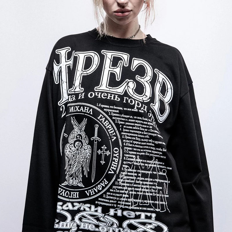 Vintage Goth Print Long Sleeve Cotton T-Shirt