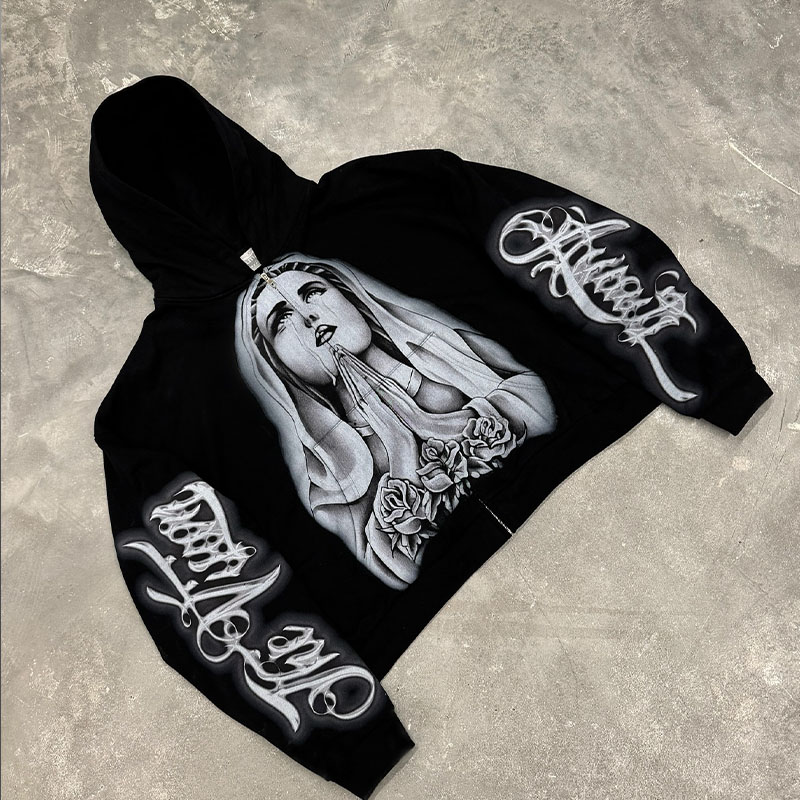 Vintage Gothic Print Zipper Hoodie