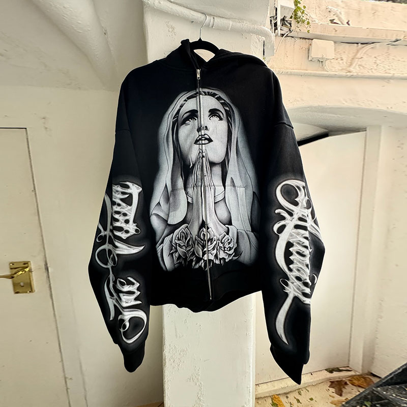 Vintage Gothic Print Zipper Hoodie