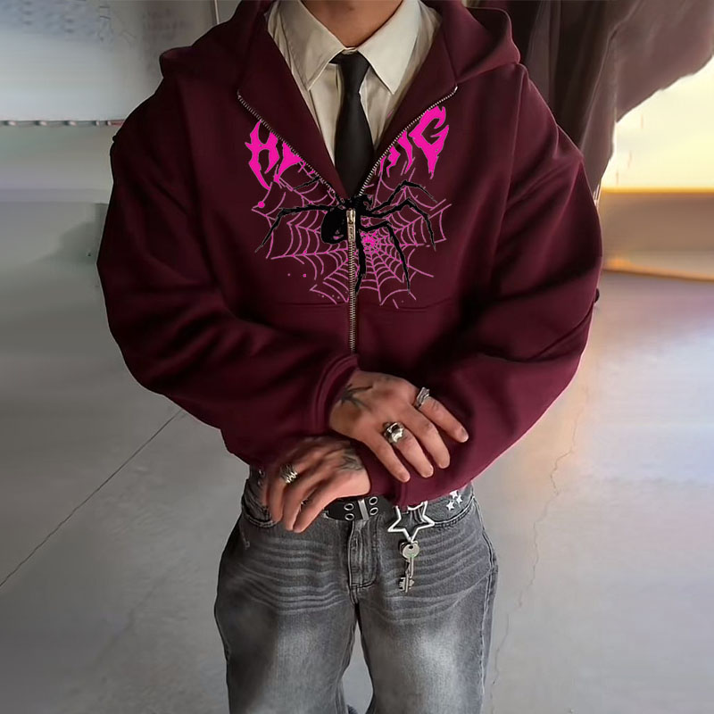 Spider Print Zipper Hoodie