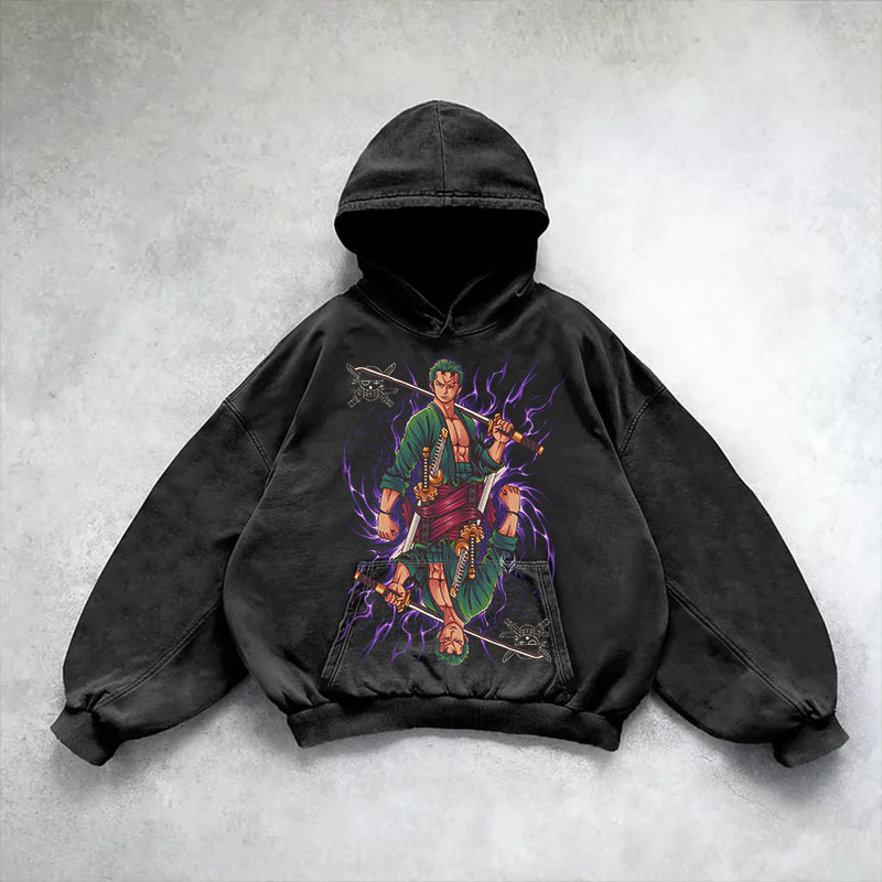 Anime Print Washed Cotton Hoodie