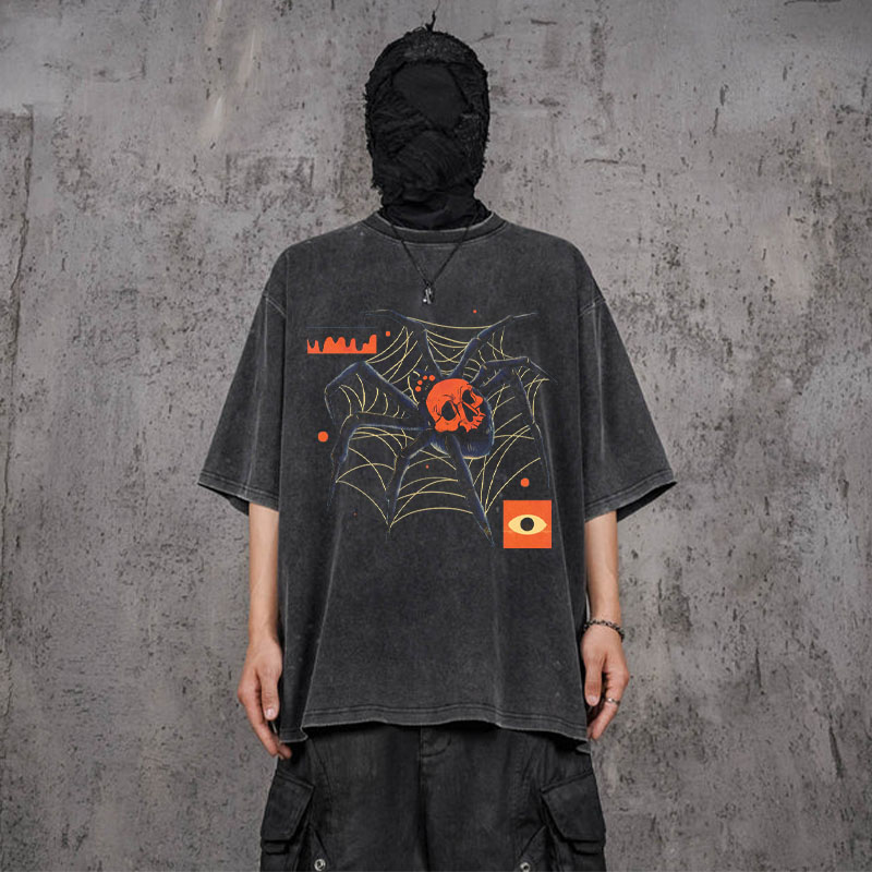 Spider Art Illustration Washed Cotton T-Shirt