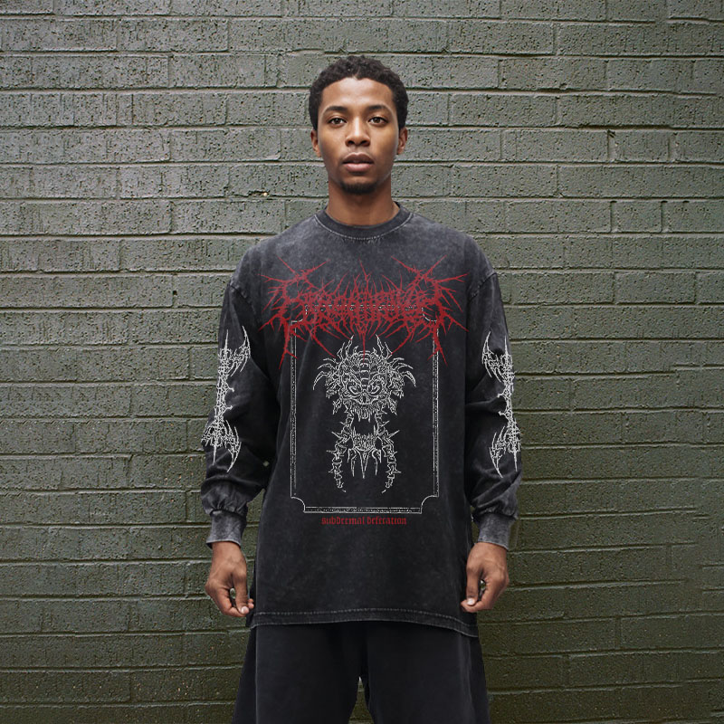 Goth Print Washed Cotton Long Sleeve T-Shirt