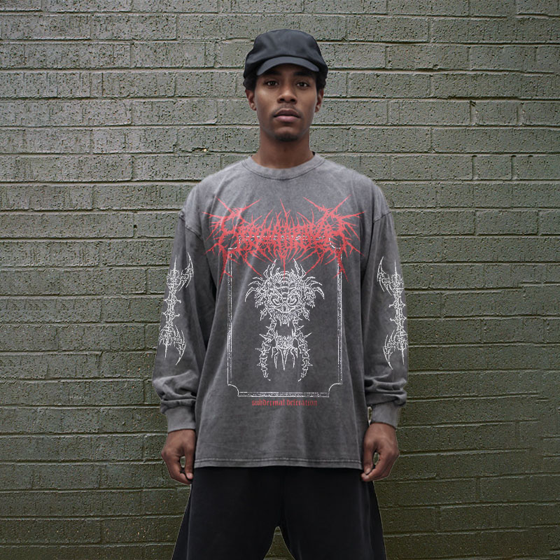 Goth Print Washed Cotton Long Sleeve T-Shirt