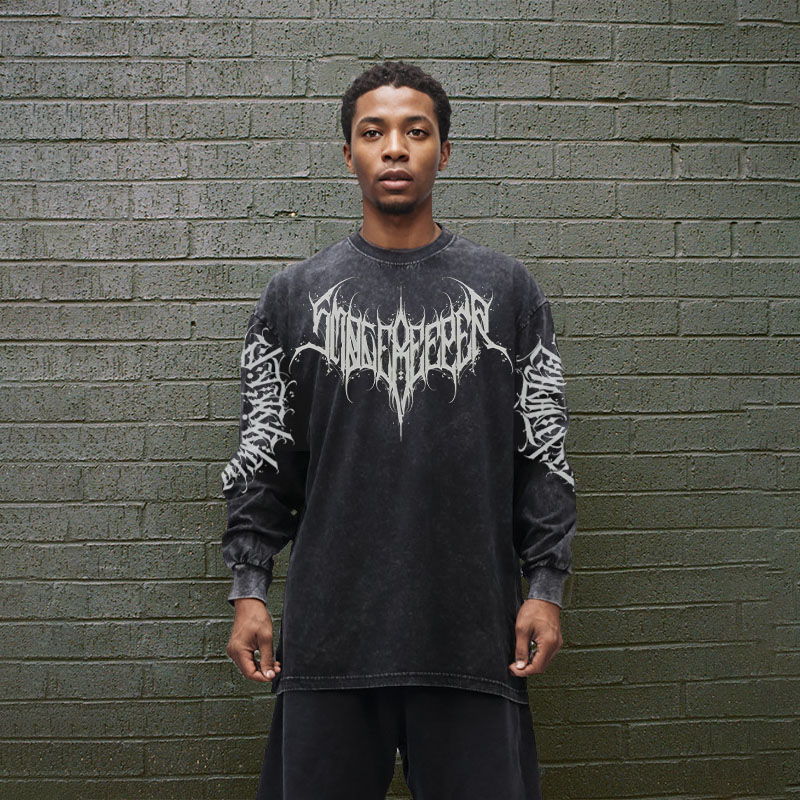 Goth Print Washed Cotton Long Sleeve T-Shirt