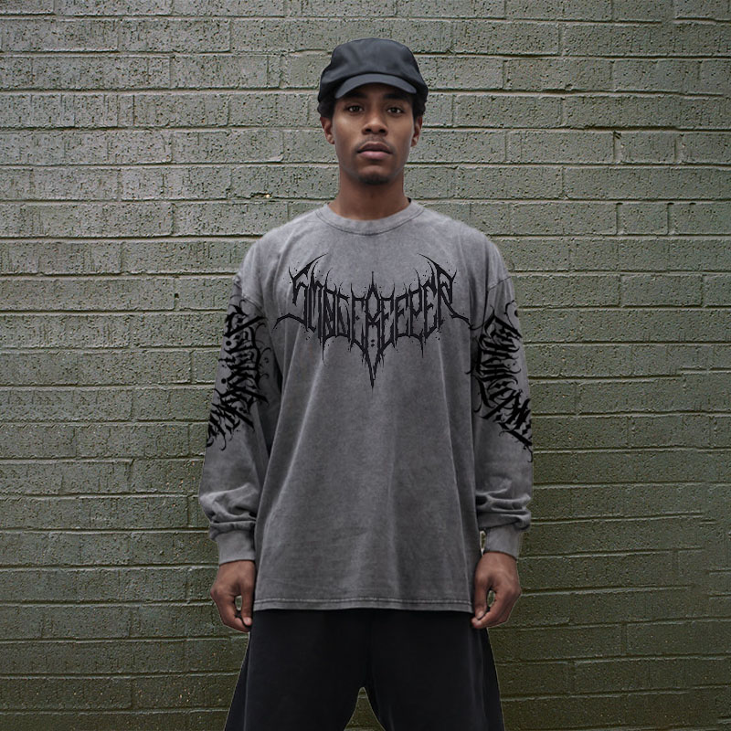 Goth Print Washed Cotton Long Sleeve T-Shirt