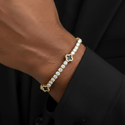 Iced Out Four Leaf Black Clover Tennis Bracelet
