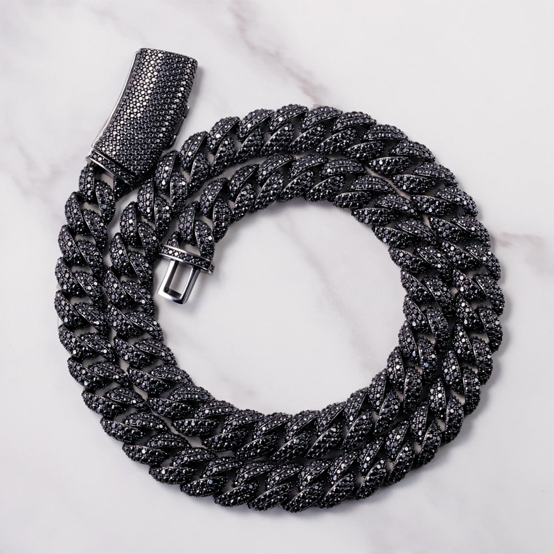 13mm 925S & VVS Moissanite Black Prong Cuban Link Chain With Big Clasp