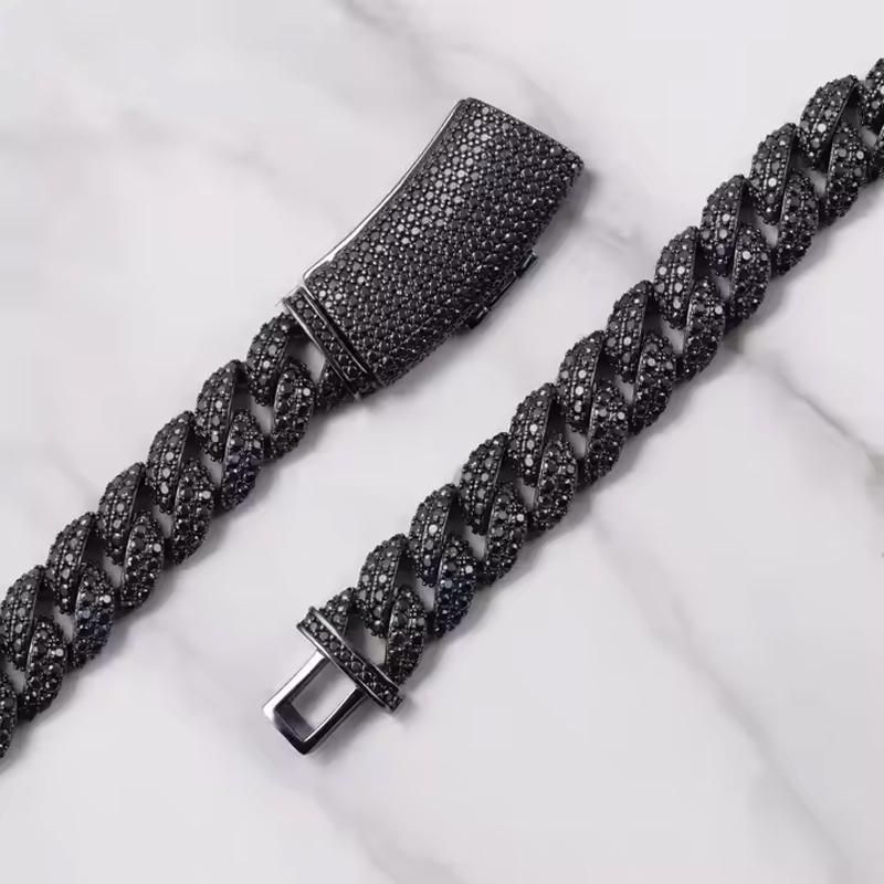 13mm 925S & VVS Moissanite Black Prong Cuban Link Chain With Big Clasp