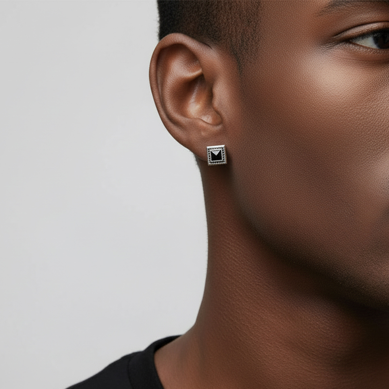 Iced Square Black Stone Halo Earrings