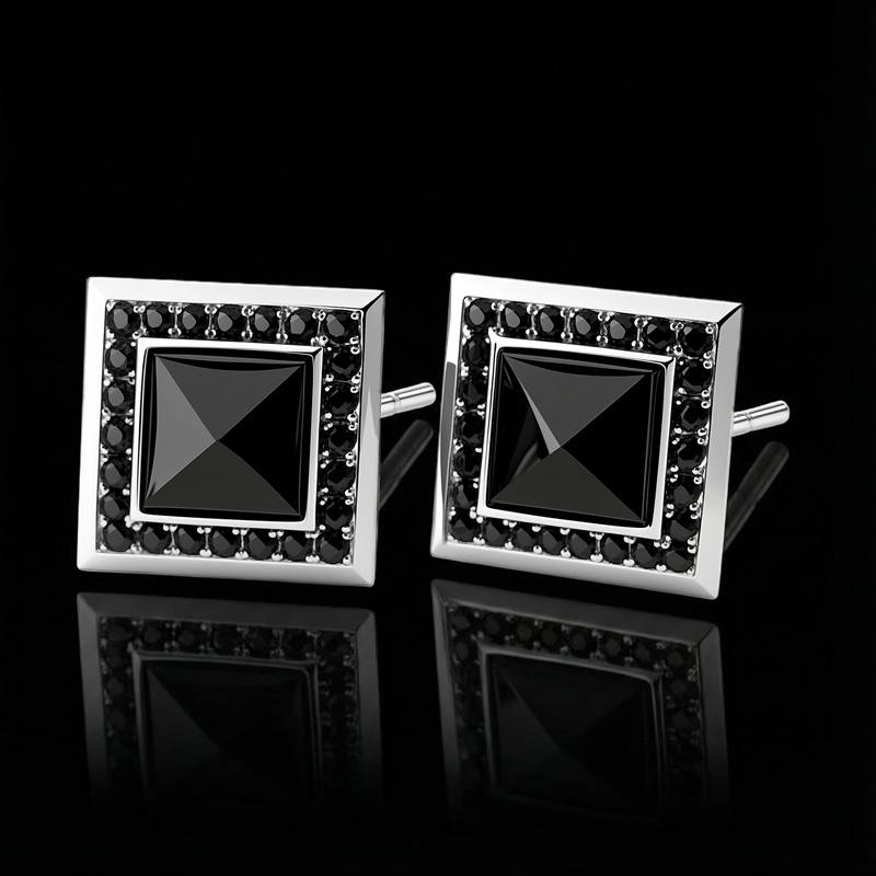 Iced Square Black Stone Halo Earrings