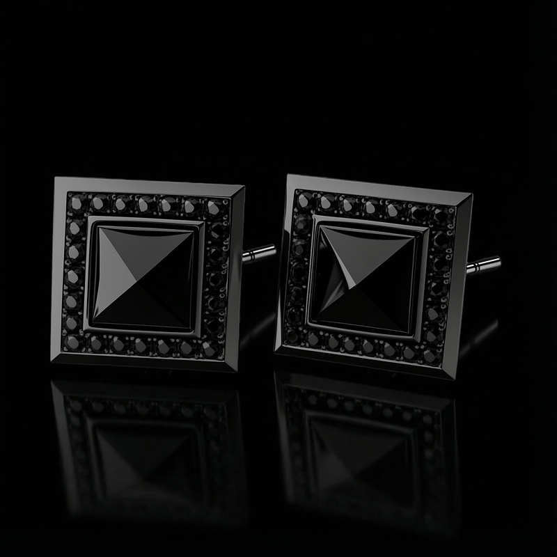Iced Square Black Stone Halo Earrings