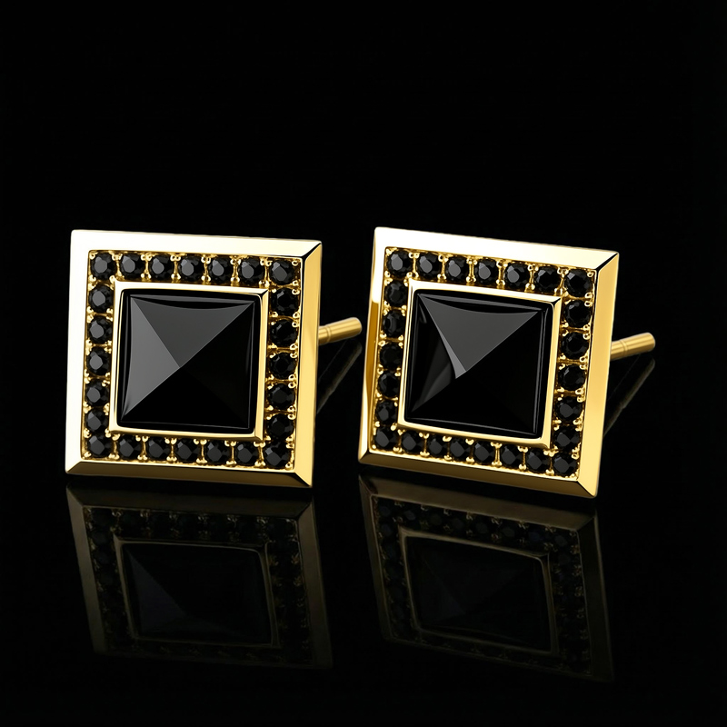 Iced Square Black Stone Halo Earrings