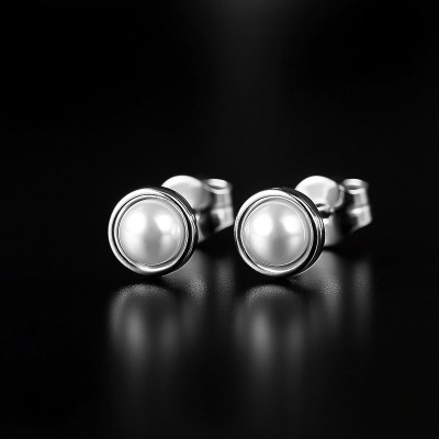 6mm/8mm Bezel-set White Freshwater Pearl Stud Earrings