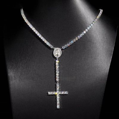 925S & VVS Moissanite Cross Rosary 4mm Tennis Necklace