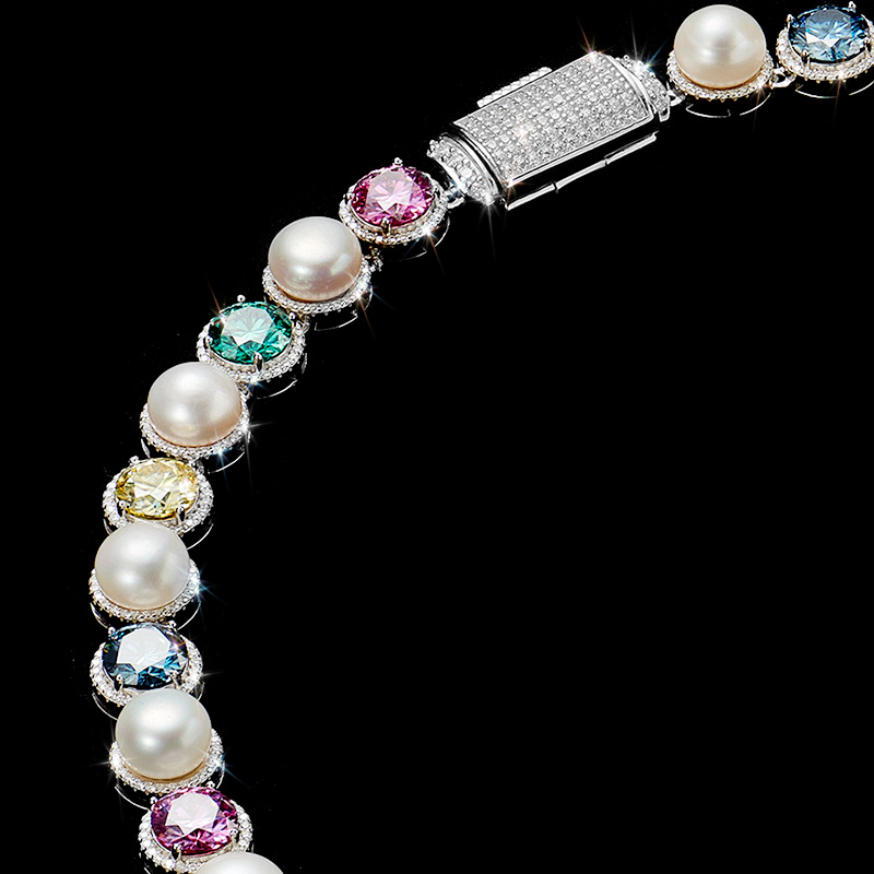 925S & VVS Colorful Moissanite Pearl Necklace Chain