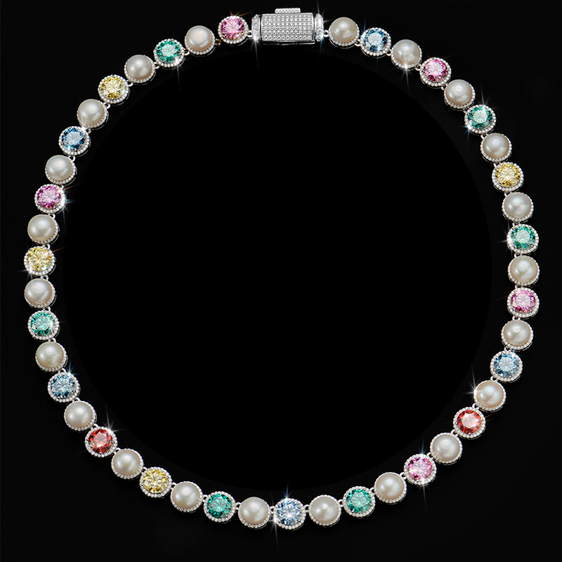 925S & VVS Colorful Moissanite Pearl Necklace Chain