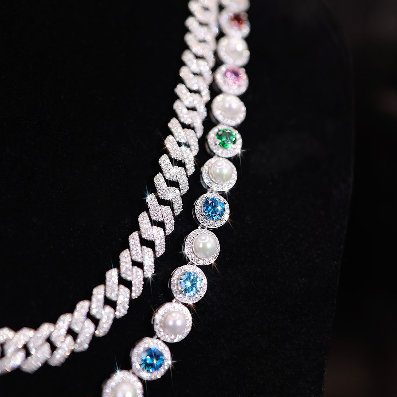 925S & VVS Colorful Moissanite Pearl Necklace Chain