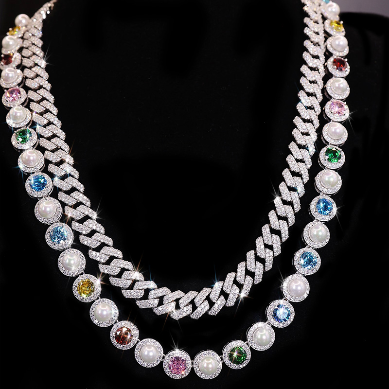925S & VVS Colorful Moissanite Pearl Necklace Chain