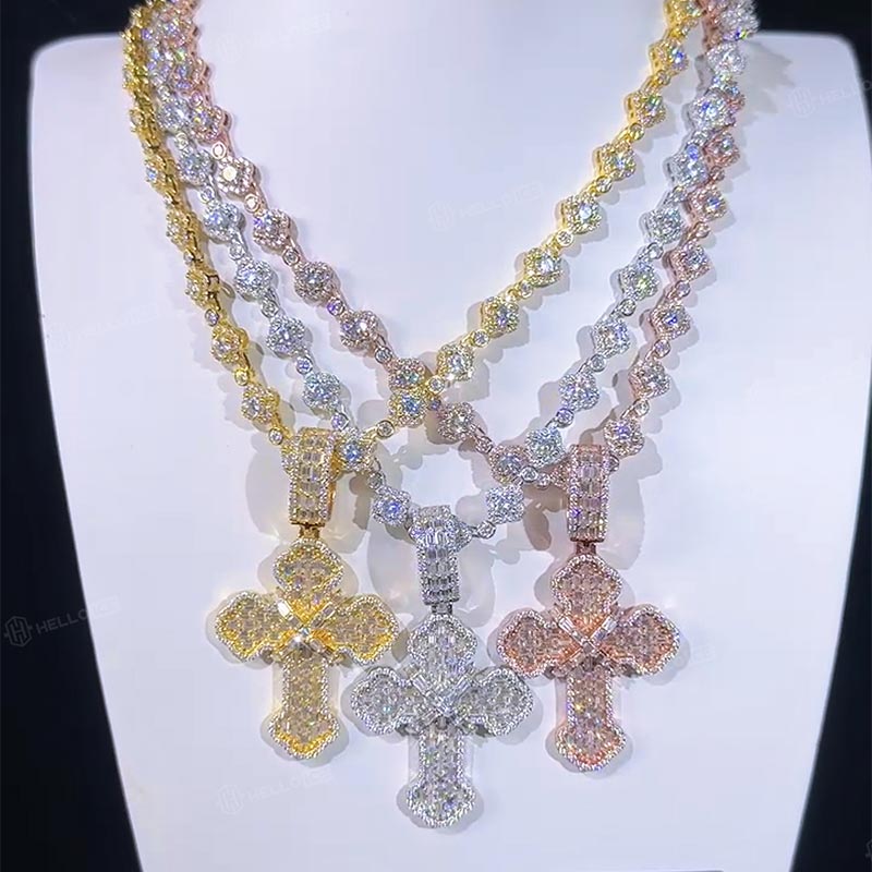 S925 & Moissanite Baguette Round Cut Cross Pendant