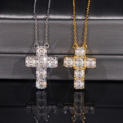 925S & VVS Moissanite Asscher Cut Cross Pendant Necklace