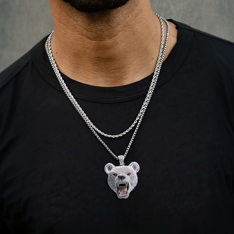 Iced Roaring Bear Head Pendant