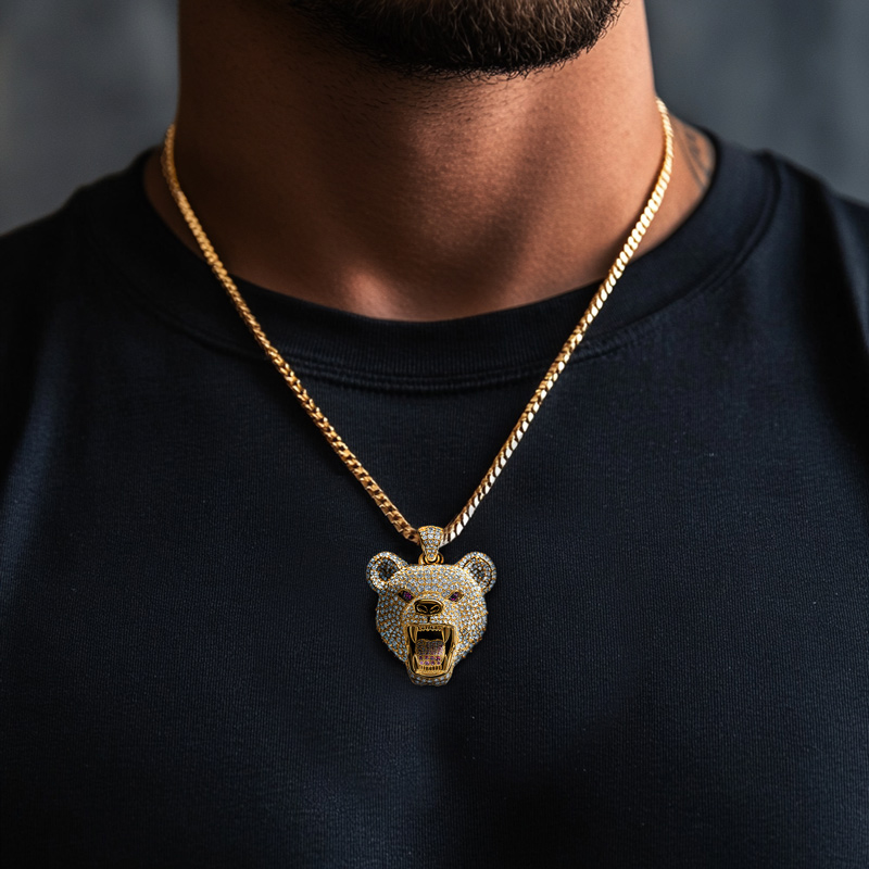 Iced Roaring Bear Head Pendant