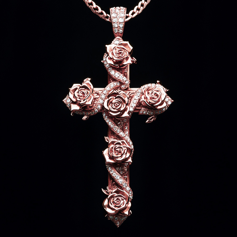 Iced Rose Cross Pendant