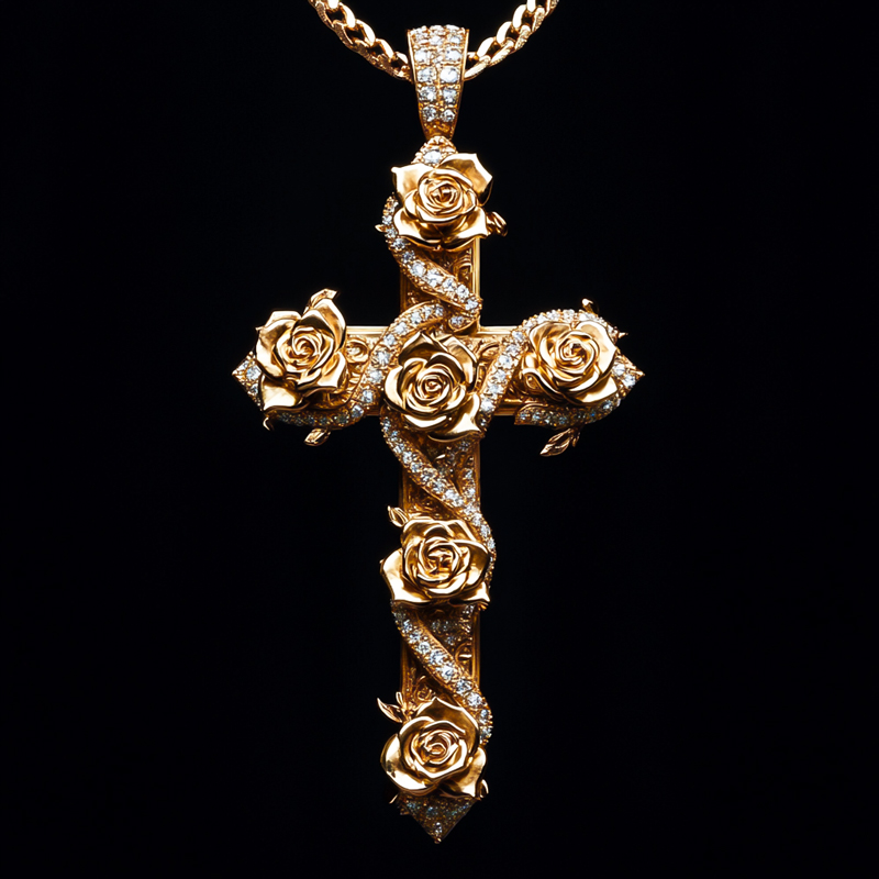 Iced Rose Cross Pendant