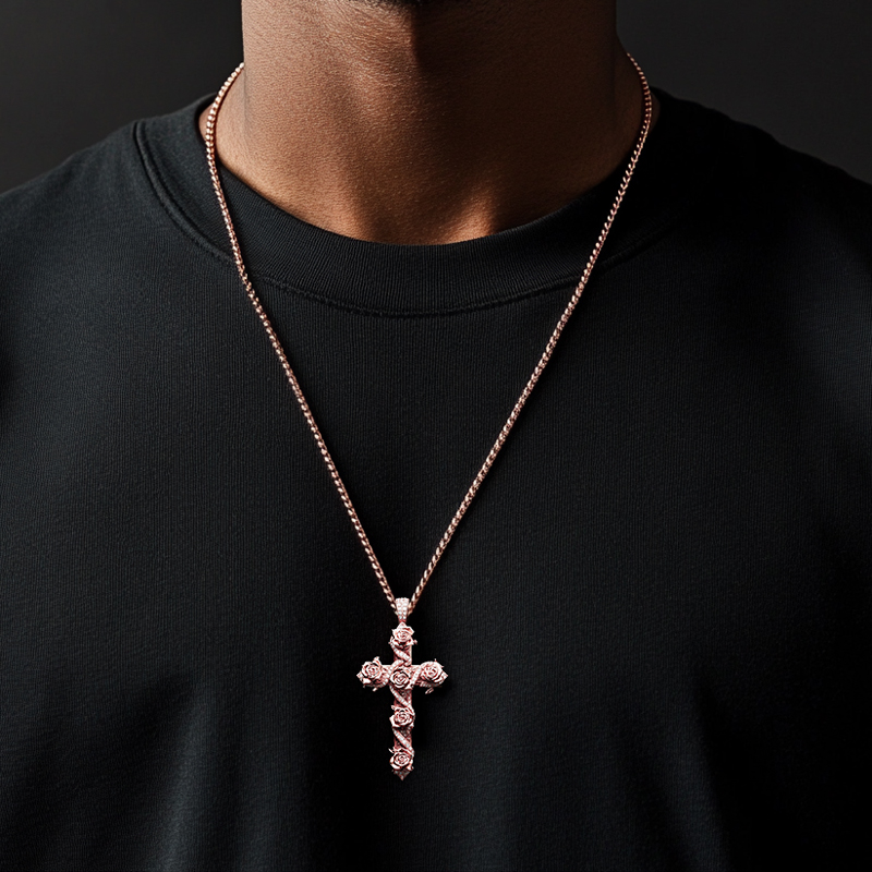 Iced Rose Cross Pendant