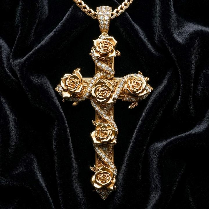 Iced Rose Cross Pendant