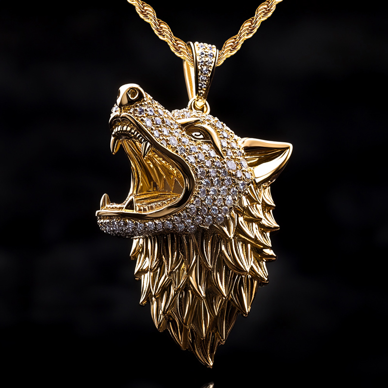 Iced Roaring Wolf Head Pendant