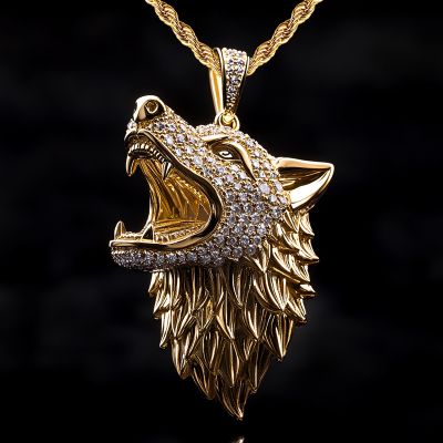 Iced Roaring Wolf Head Pendant