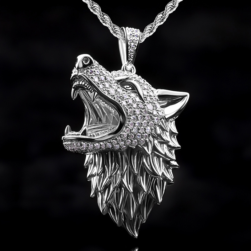 Iced Roaring Wolf Head Pendant
