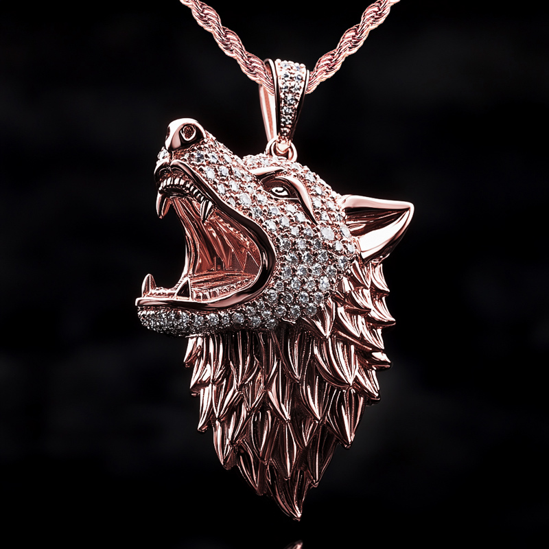 Iced Roaring Wolf Head Pendant