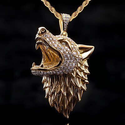 Iced Roaring Wolf Head Pendant