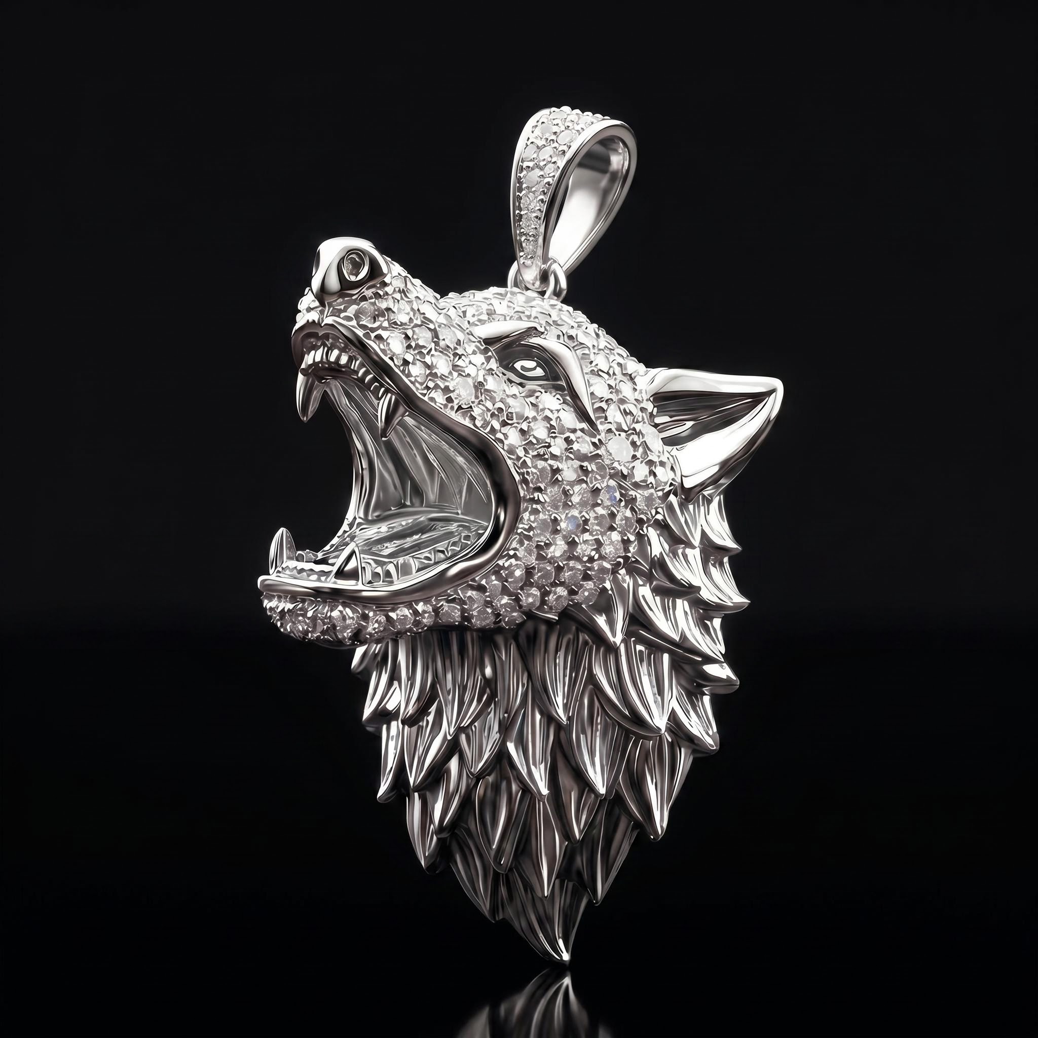 Iced Roaring Wolf Head Pendant Iced Roaring Wolf Head Pendant