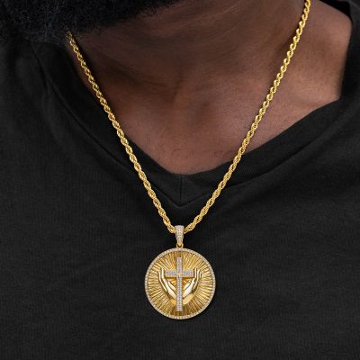Iced Praying Hands Cross Round Pendant