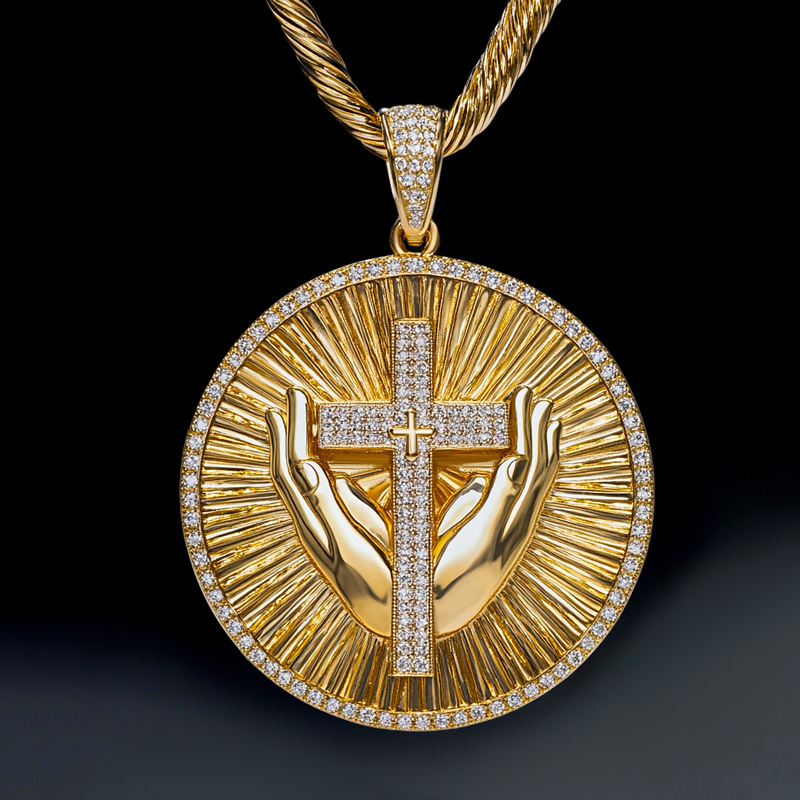Iced Praying Hands Cross Round Pendant