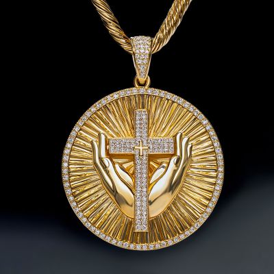Iced Praying Hands Cross Round Pendant