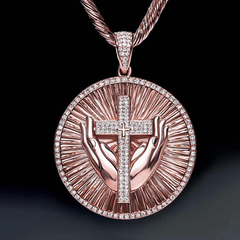 Iced Praying Hands Cross Round Pendant