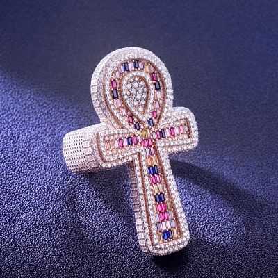 Iced Colorful Baguette Cut Ankh Ring