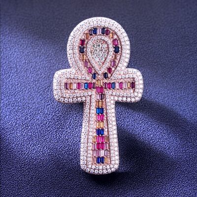 Iced Colorful Baguette Cut Ankh Ring