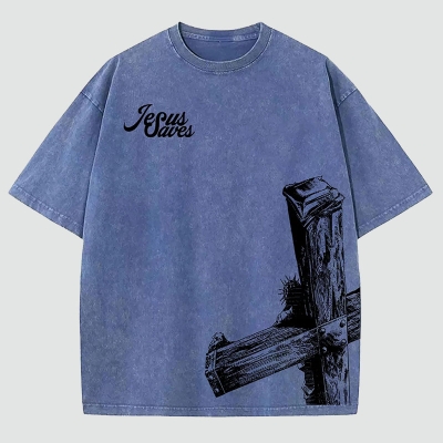 “Jesus Saves”Graphic Washed T-Shirt